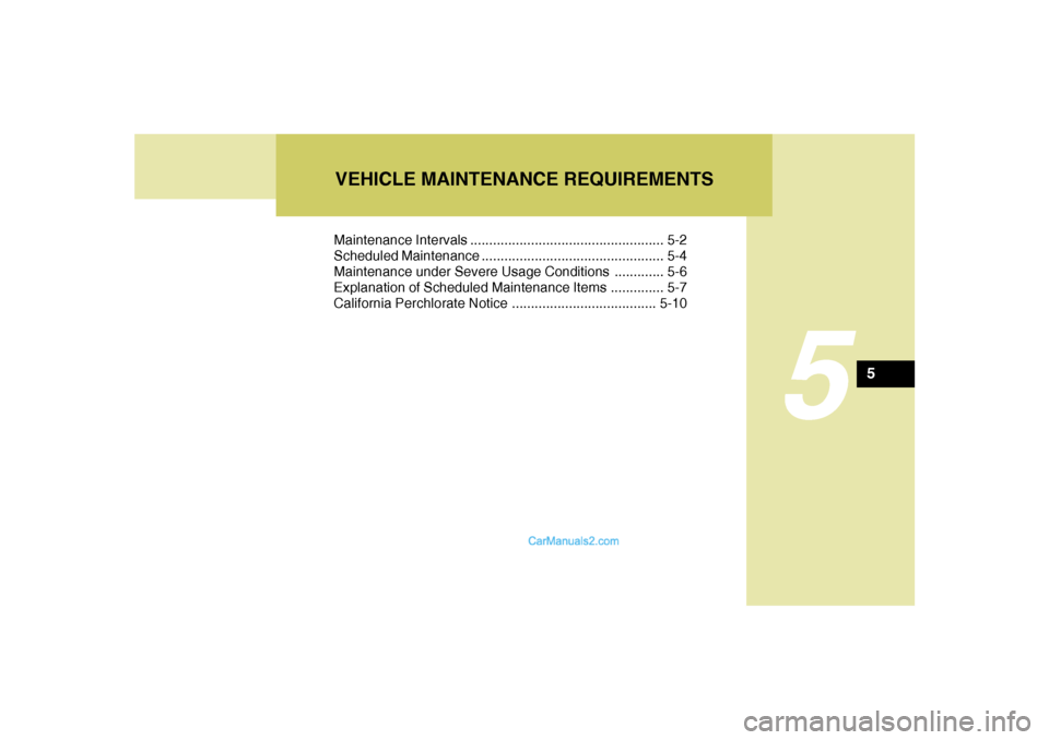 Hyundai Tiburon 2008 Owners Manual VEHICLE MAINTENANCE REQUIREMENTS
5
Maintenance Intervals ................................................... 5-2
Scheduled Maintenance ................................................ 5-4
Maintenance Hyundai Tiburon 2008 Owners Manual VEHICLE MAINTENANCE REQUIREMENTS
5
Maintenance Intervals ................................................... 5-2
Scheduled Maintenance ................................................ 5-4
Maintenance