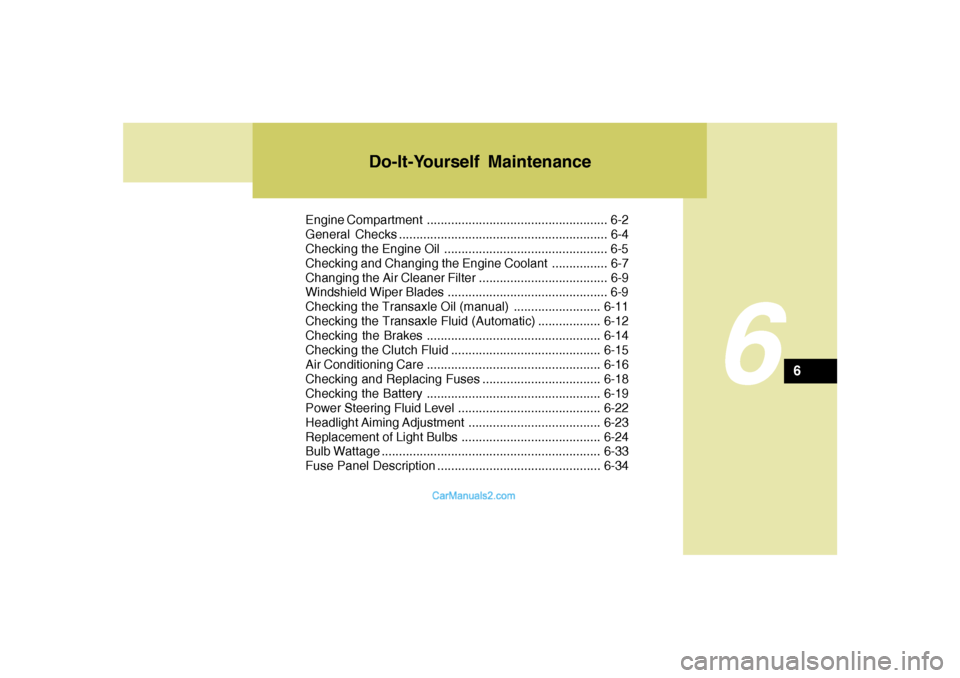 Hyundai Tiburon 2008  Owners Manual Do-It-Yourself Maintenance
6
Engine Compartment .................................................... 6-2
General Checks ............................................................ 6-4
Checking the En