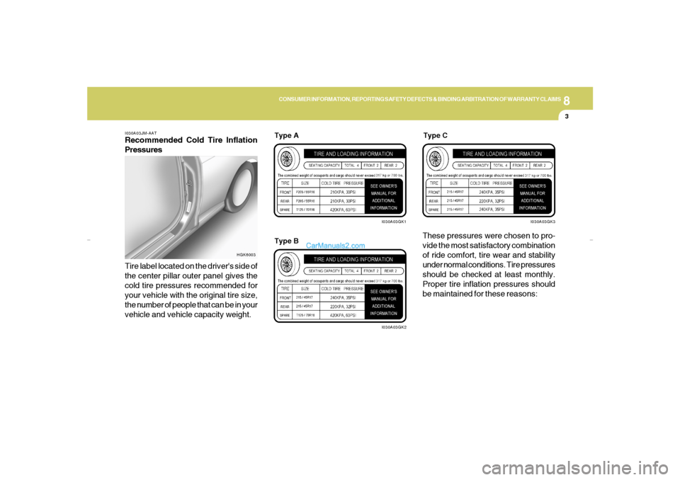 Hyundai Tiburon 2008  Owners Manual 8
CONSUMER INFORMATION, REPORTING SAFETY DEFECTS & BINDING ARBITRATION OF WARRANTY CLAIMS
3
I030A03JM-AATRecommended Cold Tire Inflation
Pressures
Tire label located on the drivers side of
the center