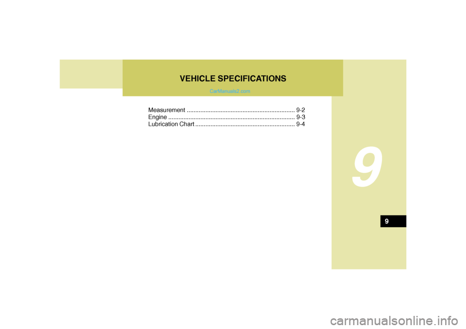 Hyundai Tiburon 2008 Owners Manual VEHICLE SPECIFICATIONS
9
Measurement ................................................................ 9-2
Engine...........................................................................9-3
Lubricati Hyundai Tiburon 2008 Owners Manual VEHICLE SPECIFICATIONS
9
Measurement ................................................................ 9-2
Engine...........................................................................9-3
Lubricati