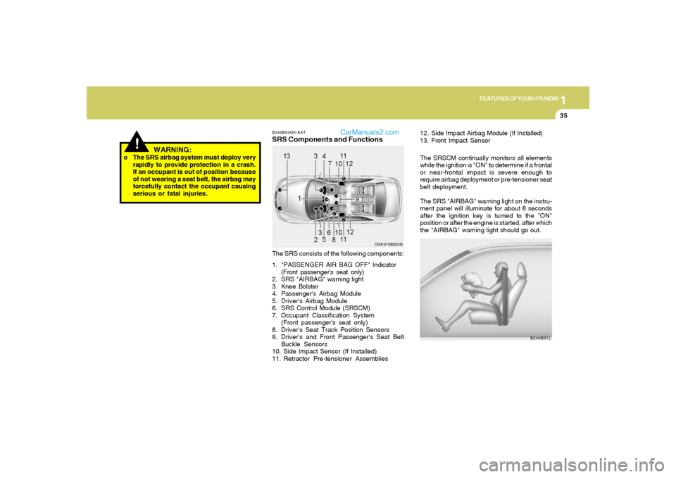Hyundai Tiburon 2008 Service Manual 1
FEATURES OF YOUR HYUNDAI
35
!
WARNING:
o The SRS airbag system must deploy very
rapidly to provide protection in a crash.
If an occupant is out of position because
of not wearing a seat belt, the ai Hyundai Tiburon 2008 Service Manual 1
FEATURES OF YOUR HYUNDAI
35
!
WARNING:
o The SRS airbag system must deploy very
rapidly to provide protection in a crash.
If an occupant is out of position because
of not wearing a seat belt, the ai