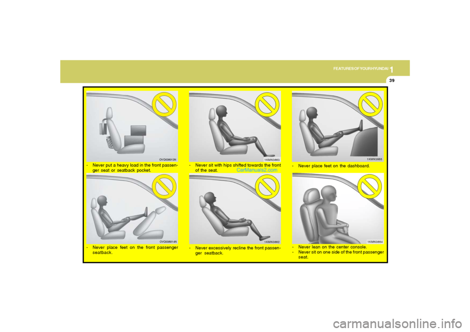 Hyundai Tiburon 2008 Workshop Manual 1
FEATURES OF YOUR HYUNDAI
39
- Never excessively recline the front passen-
ger seatback.
1KMN3665
1KMN3662
- Never place feet on the dashboard.
- Never sit with hips shifted towards the front
of the Hyundai Tiburon 2008 Workshop Manual 1
FEATURES OF YOUR HYUNDAI
39
- Never excessively recline the front passen-
ger seatback.
1KMN3665
1KMN3662
- Never place feet on the dashboard.
- Never sit with hips shifted towards the front
of the