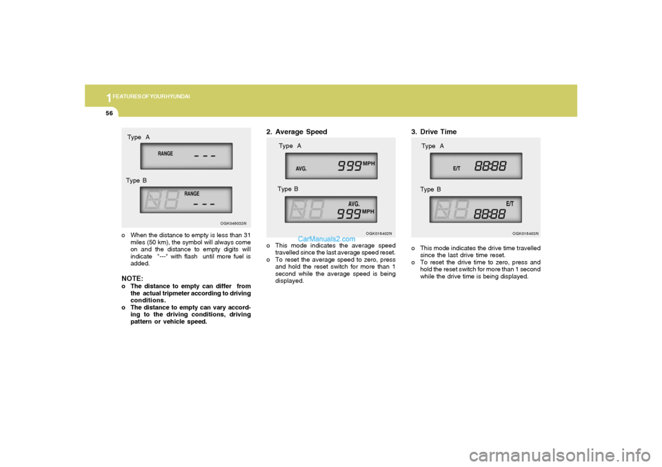 Hyundai Tiburon 2008 Repair Manual 1FEATURES OF YOUR HYUNDAI56
3. Drive Timeo This mode indicates the drive time travelled
since the last drive time reset.
o To reset the drive time to zero, press and
hold the reset switch for more tha Hyundai Tiburon 2008 Repair Manual 1FEATURES OF YOUR HYUNDAI56
3. Drive Timeo This mode indicates the drive time travelled
since the last drive time reset.
o To reset the drive time to zero, press and
hold the reset switch for more tha
