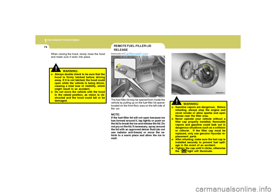 Hyundai Tiburon 2008  Owners Manual 1FEATURES OF YOUR HYUNDAI74
WARNING:
o Gasoline vapors are dangerous.  Before
refueling, always stop the engine and
never smoke or allow sparks and open
flames near the filler area.
o Never operate yo