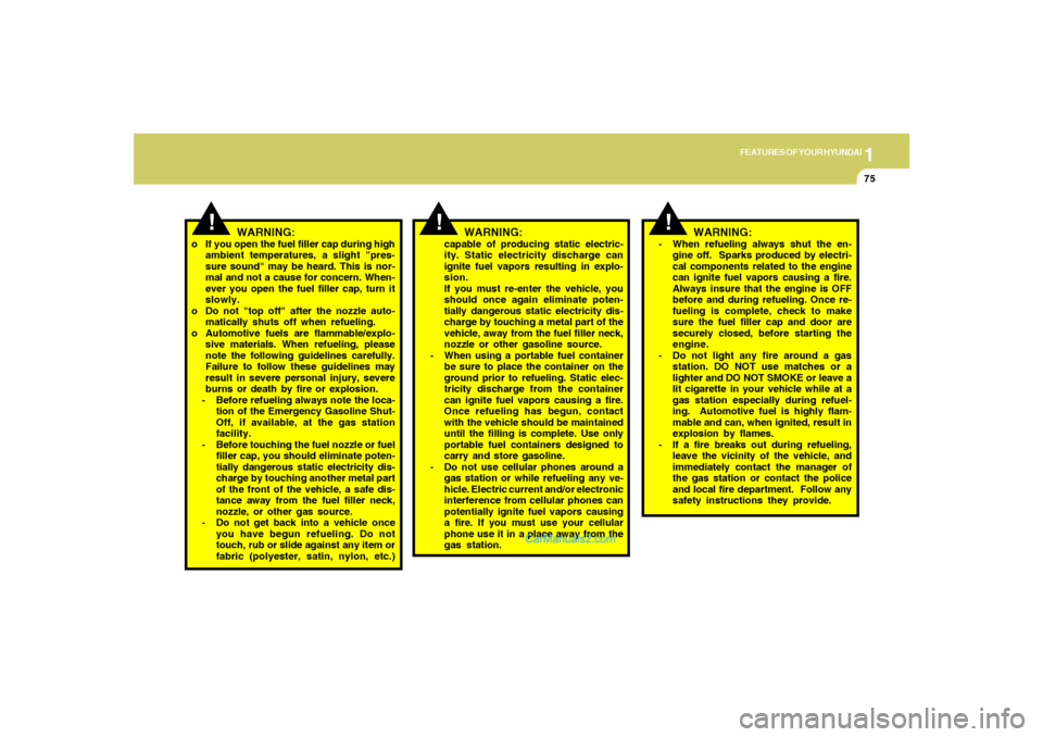 Hyundai Tiburon 2008  Owners Manual 1
FEATURES OF YOUR HYUNDAI
75
o If you open the fuel filler cap during high
ambient temperatures, a slight "pres-
sure sound" may be heard. This is nor-
mal and not a cause for concern. When-
ever you