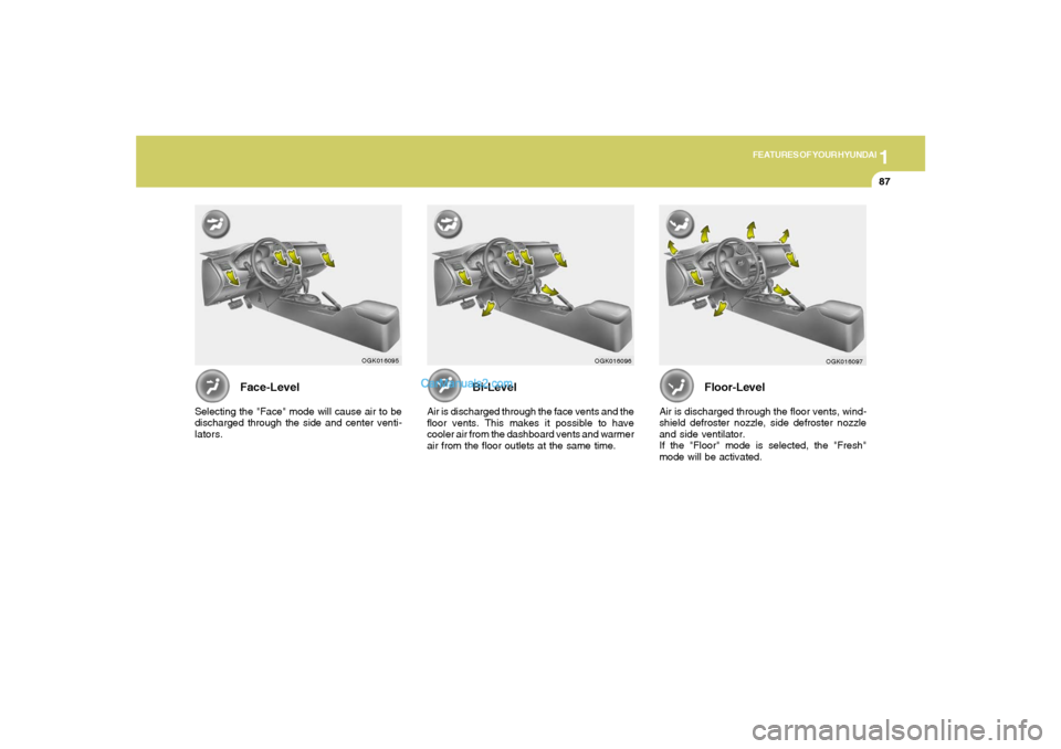 Hyundai Tiburon 2008 Owners Manual 1
FEATURES OF YOUR HYUNDAI
87
Face-Level
Selecting the "Face" mode will cause air to be
discharged through the side and center venti-
lators.
Bi-Level
Air is discharged through the face vents and the
Hyundai Tiburon 2008 Owners Manual 1
FEATURES OF YOUR HYUNDAI
87
Face-Level
Selecting the "Face" mode will cause air to be
discharged through the side and center venti-
lators.
Bi-Level
Air is discharged through the face vents and the