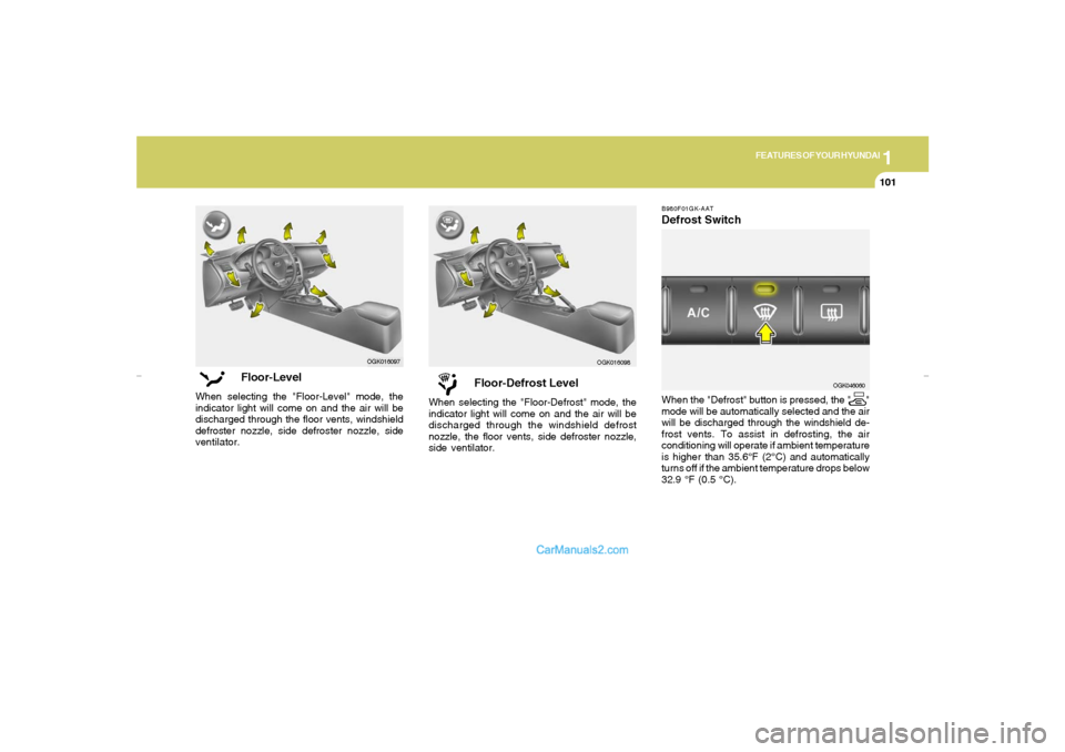 Hyundai Tiburon 2007  Owners Manual 1
FEATURES OF YOUR HYUNDAI
101
Floor-Defrost Level
When selecting the "Floor-Defrost" mode, the
indicator light will come on and the air will be
discharged through the windshield defrost
nozzle, the f