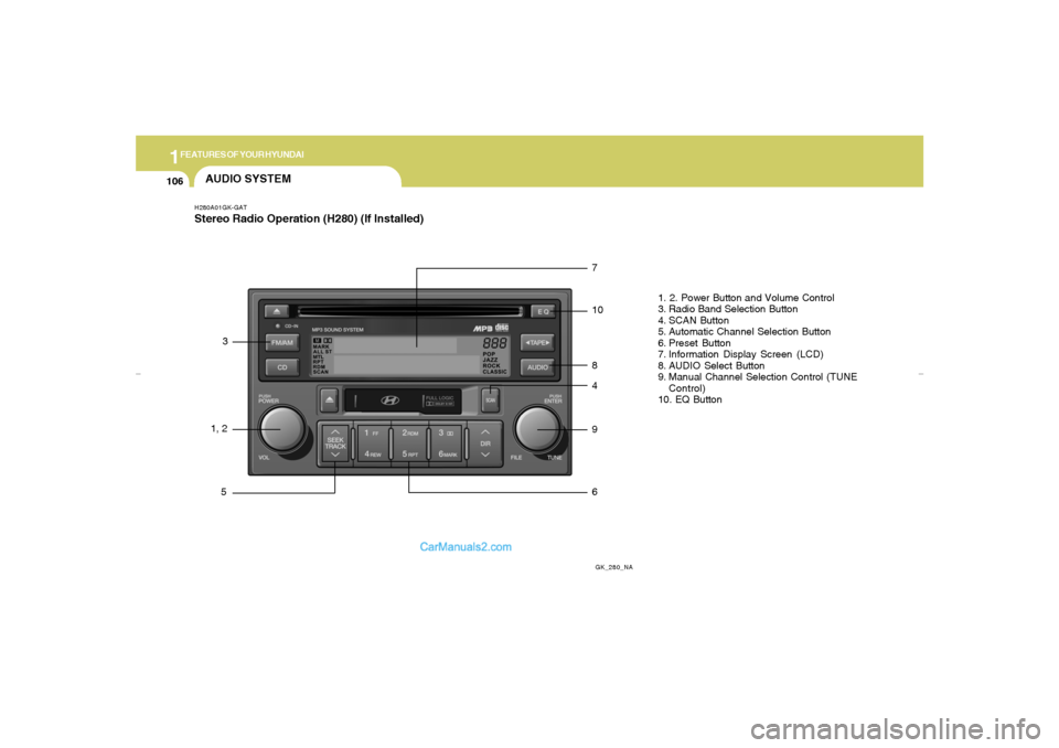 Hyundai Tiburon 2007  Owners Manual 1FEATURES OF YOUR HYUNDAI
106
AUDIO SYSTEMH280A01GK-GATStereo Radio Operation (H280) (If Installed)
GK_280_NA
1, 23
57
10
8
4
9
61. 2. Power Button and Volume Control
3. Radio Band Selection Button
4.