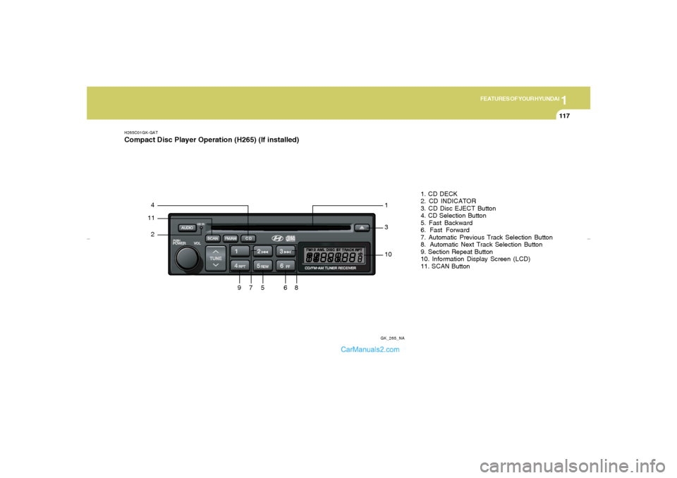 Hyundai Tiburon 2007  Owners Manual 1
FEATURES OF YOUR HYUNDAI
117
H265C01GK-GATCompact Disc Player Operation (H265) (If installed)
GK_265_NA
1142
9
101. CD DECK
2. CD INDICATOR
3. CD Disc EJECT Button
4. CD Selection Button
5. Fast Bac