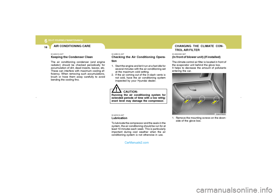 Hyundai Tiburon 2007  Owners Manual 6
DO-IT-YOURSELF MAINTENANCE
16
CHANGING THE CLIMATE CON-
TROL AIR FILTERG145A03GK-GAT(In front of blower unit) (If installed)The climate control air filter is located in front of
the evaporator unit 