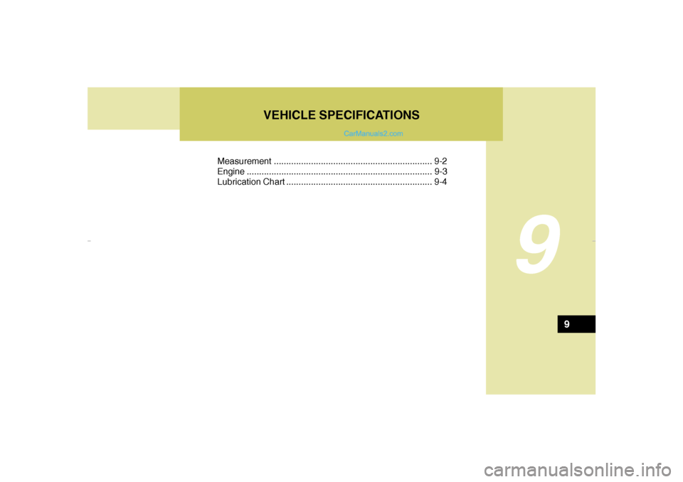 Hyundai Tiburon 2007 Owners Manual VEHICLE SPECIFICATIONS
9
Measurement ................................................................ 9-2
Engine...........................................................................9-3
Lubricati Hyundai Tiburon 2007 Owners Manual VEHICLE SPECIFICATIONS
9
Measurement ................................................................ 9-2
Engine...........................................................................9-3
Lubricati