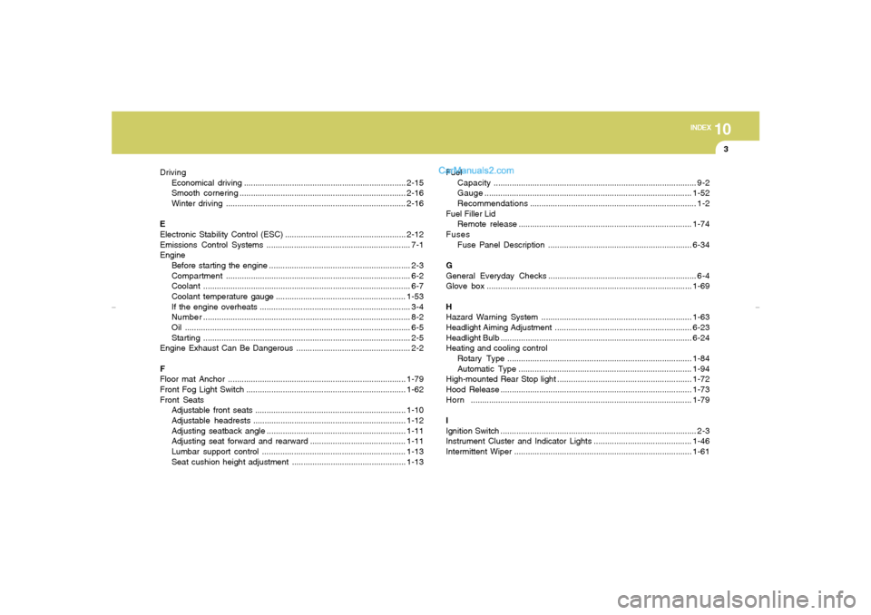 Hyundai Tiburon 2007  Owners Manual 10
INDEX
3
Driving
Economical driving .......................................................................2-15
Smooth cornering......................................................................