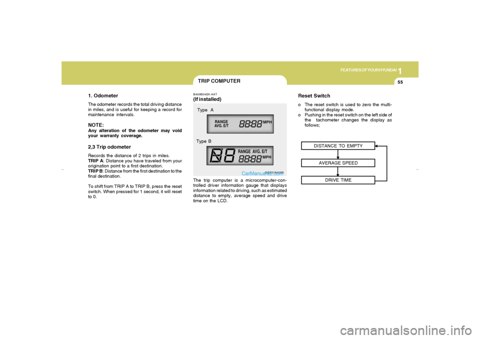 Hyundai Tiburon 2007 Repair Manual 1
FEATURES OF YOUR HYUNDAI
55
1. OdometerThe odometer records the total driving distance
in miles, and is useful for keeping a record for
maintenance intervals.NOTE:Any alteration of the odometer may 