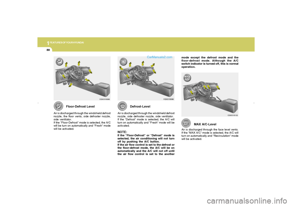 Hyundai Tiburon 2007 Owners Manual 1FEATURES OF YOUR HYUNDAI88
MAX A/C-Level
Air is discharged through the face level vents.
If the "MAX A/C" mode is selected, the A/C will
turn on automatically and "Recirculation" mode
will be activat