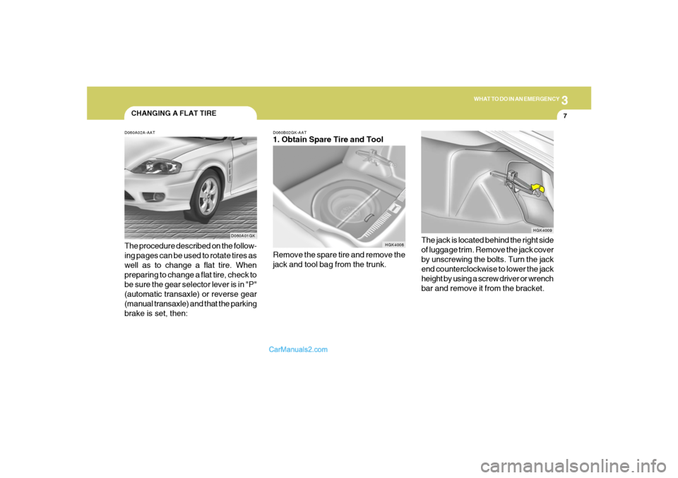 Hyundai Tiburon 2006  Owners Manual 3
WHAT TO DO IN AN EMERGENCY
7
CHANGING A FLAT TIRED060A02A-AATThe procedure described on the follow-
ing pages can be used to rotate tires as
well as to change a flat tire. When
preparing to change a