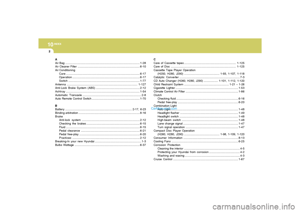 Hyundai Tiburon 2006 Owners Manual 10
INDEX
2
A
Air Bag...............................................................................................1-28
Air Cleaner Filter ............................................................. Hyundai Tiburon 2006 Owners Manual 10
INDEX
2
A
Air Bag...............................................................................................1-28
Air Cleaner Filter .............................................................