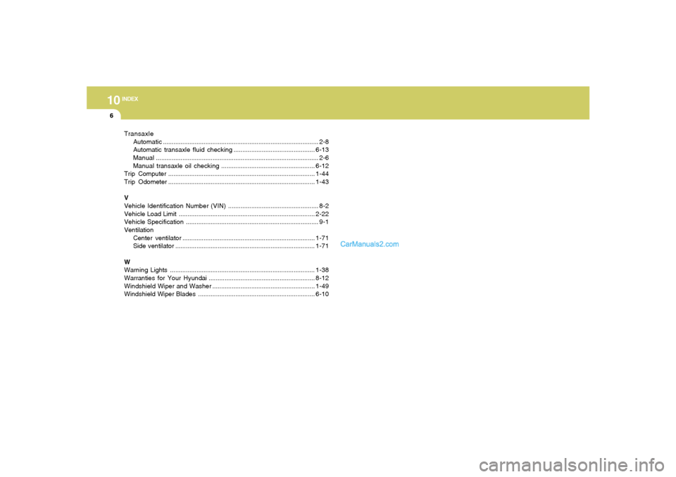 Hyundai Tiburon 2006  Owners Manual 10
INDEX
6
Transaxle
Automatic........................................................................................ 2-8
Automatic transaxle fluid checking ..........................................