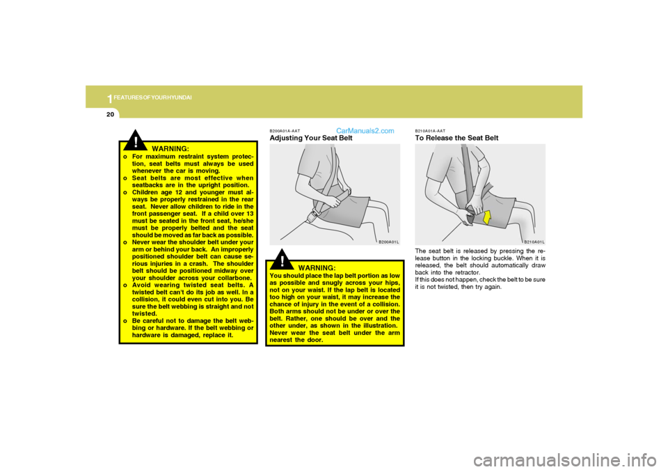 Hyundai Tiburon 2006 Owners Guide 1FEATURES OF YOUR HYUNDAI20
B210A01A-AATTo Release the Seat BeltThe seat belt is released by pressing the re-
lease button in the locking buckle. When it is
released, the belt should automatically dra Hyundai Tiburon 2006 Owners Guide 1FEATURES OF YOUR HYUNDAI20
B210A01A-AATTo Release the Seat BeltThe seat belt is released by pressing the re-
lease button in the locking buckle. When it is
released, the belt should automatically dra