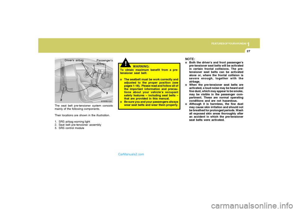 Hyundai Tiburon 2006 Owners Guide 1
FEATURES OF YOUR HYUNDAI
27
The seat belt pre-tensioner system consists
mainly of the following components.
Their locations are shown in the illustration.
1. SRS airbag warning light
2. Seat belt pr Hyundai Tiburon 2006 Owners Guide 1
FEATURES OF YOUR HYUNDAI
27
The seat belt pre-tensioner system consists
mainly of the following components.
Their locations are shown in the illustration.
1. SRS airbag warning light
2. Seat belt pr