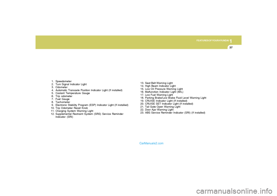 Hyundai Tiburon 2006  Owners Manual 1
FEATURES OF YOUR HYUNDAI
37
 1. Speedometer
 2. Turn Signal Indicator Light
 3. Odometer
 4. Automatic Transaxle Position Indicator Light (If installed)
 5. Coolant Temperature Gauge
 6. Trip  odome