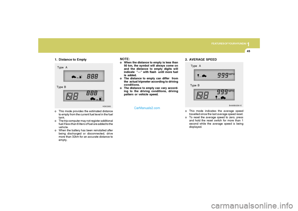 Hyundai Tiburon 2006 Workshop Manual 1
FEATURES OF YOUR HYUNDAI
45
1. Distance to Emptyo This mode provides the estimated distance
to empty from the current fuel level in the fuel
tank.
o The trip computer may not register additional
fue Hyundai Tiburon 2006 Workshop Manual 1
FEATURES OF YOUR HYUNDAI
45
1. Distance to Emptyo This mode provides the estimated distance
to empty from the current fuel level in the fuel
tank.
o The trip computer may not register additional
fue