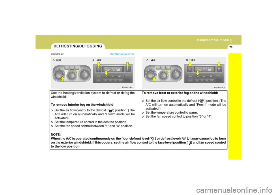 Hyundai Tiburon 2006 Owners Manual 1
FEATURES OF YOUR HYUNDAI
79
DEFROSTING/DEFOGGINGB720A02FC-GATUse the heating/ventilation system to defrost or defog the
windshield:
To remove interior fog on the windshield:
o Set the air flow contr Hyundai Tiburon 2006 Owners Manual 1
FEATURES OF YOUR HYUNDAI
79
DEFROSTING/DEFOGGINGB720A02FC-GATUse the heating/ventilation system to defrost or defog the
windshield:
To remove interior fog on the windshield:
o Set the air flow contr