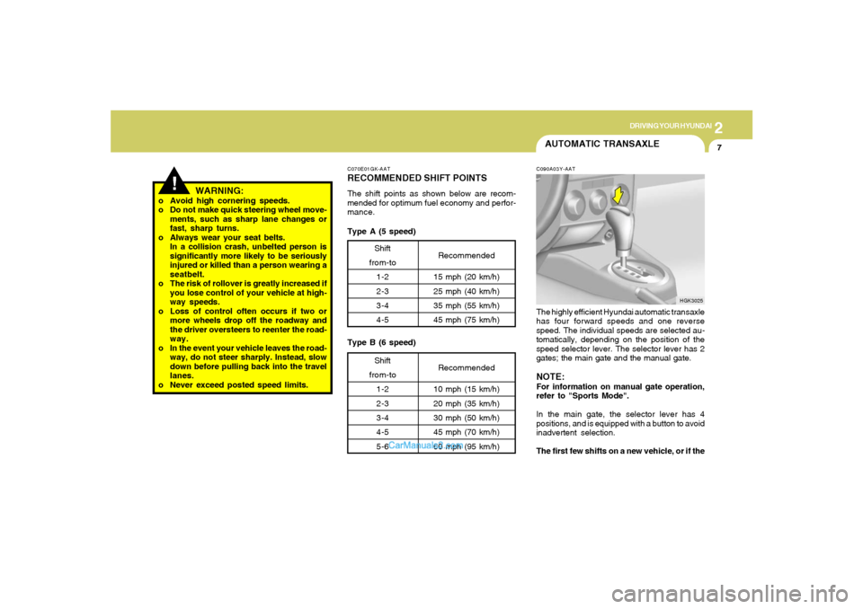 Hyundai Tiburon 2005  Owners Manual 2
DRIVING YOUR HYUNDAI
7
C070E01GK-AATRECOMMENDED SHIFT POINTSThe shift points as shown below are recom-
mended for optimum fuel economy and perfor-
mance.
!
WARNING:
o Avoid high cornering speeds.
o 