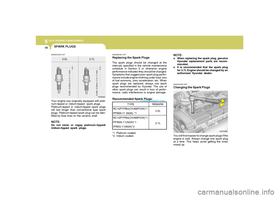 Hyundai Tiburon 2005 Owners Manual 6
DO-IT-YOURSELF MAINTENANCE
10
G060C02GK-AETChanging the Spark PlugsYou will find it easier to change spark plugs if the
engine is cold. Always change one spark plug
at a time. This helps avoid getti Hyundai Tiburon 2005 Owners Manual 6
DO-IT-YOURSELF MAINTENANCE
10
G060C02GK-AETChanging the Spark PlugsYou will find it easier to change spark plugs if the
engine is cold. Always change one spark plug
at a time. This helps avoid getti