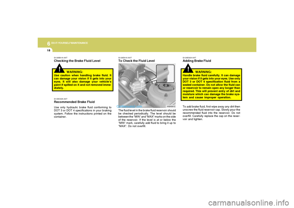 Hyundai Tiburon 2005 Owners Manual 6
DO-IT-YOURSELF MAINTENANCE
18
!
G120B01A-AATChecking the Brake Fluid Level
WARNING:Use caution when handling brake fluid. It
can damage your vision if it gets into your
eyes. It will also damage you Hyundai Tiburon 2005 Owners Manual 6
DO-IT-YOURSELF MAINTENANCE
18
!
G120B01A-AATChecking the Brake Fluid Level
WARNING:Use caution when handling brake fluid. It
can damage your vision if it gets into your
eyes. It will also damage you