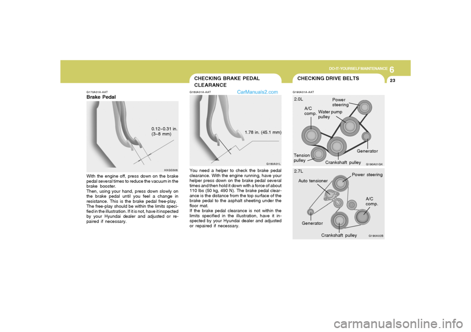 Hyundai Tiburon 2005  Owners Manual 6
DO-IT-YOURSELF MAINTENANCE
23
CHECKING BRAKE PEDAL
CLEARANCE
CHECKING DRIVE BELTSG190A01A-AAT
G180A01A-AATYou need a helper to check the brake pedal
clearance. With the engine running, have your
hel