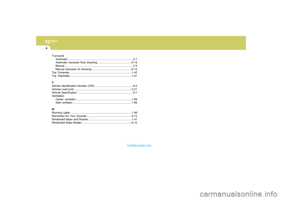 Hyundai Tiburon 2005  Owners Manual 10
INDEX
6
Transaxle
Automatic........................................................................................ 2-7
Automatic transaxle fluid checking ..........................................