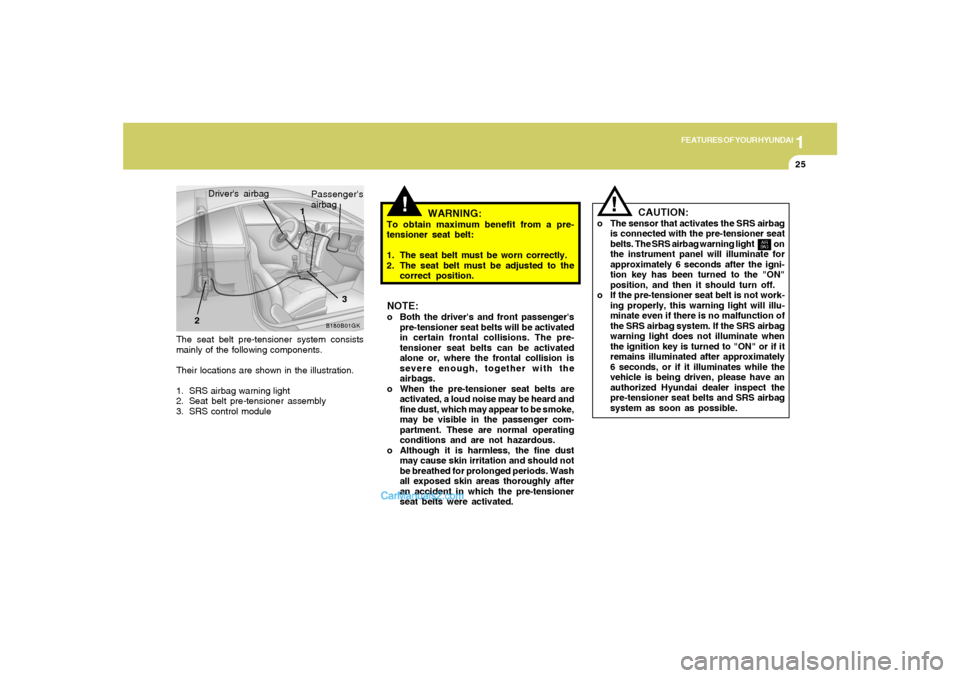 Hyundai Tiburon 2005 Owners Guide 1
FEATURES OF YOUR HYUNDAI
25
NOTE:o Both the drivers and front passengers
pre-tensioner seat belts will be activated
in certain frontal collisions. The pre-
tensioner seat belts can be activated
al Hyundai Tiburon 2005 Owners Guide 1
FEATURES OF YOUR HYUNDAI
25
NOTE:o Both the drivers and front passengers
pre-tensioner seat belts will be activated
in certain frontal collisions. The pre-
tensioner seat belts can be activated
al