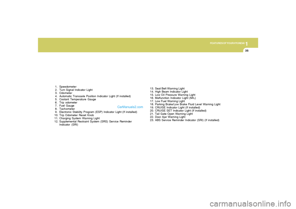 Hyundai Tiburon 2005  Owners Manual 1
FEATURES OF YOUR HYUNDAI
35
 1. Speedometer
 2. Turn Signal Indicator Light
 3. Odometer
 4. Automatic Transaxle Position Indicator Light (If installed)
 5. Coolant Temperature Gauge
 6. Trip  odome