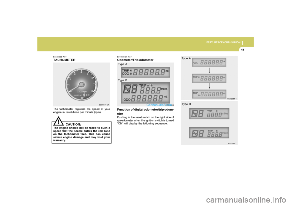 Hyundai Tiburon 2005  Owners Manual 1
FEATURES OF YOUR HYUNDAI
41
!
B330A03E-AATTACHOMETERThe tachometer registers the speed of your
engine in revolutions per minute (rpm).
B330A01GK
CAUTION:
The engine should not be raced to such a
spe