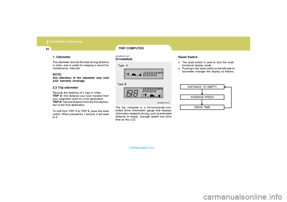 Hyundai Tiburon 2005  Owners Manual 1FEATURES OF YOUR HYUNDAI42
1. OdometerThe odometer records the total driving distance
in miles, and is useful for keeping a record for
maintenance intervals.NOTE:Any alteration of the odometer may vo