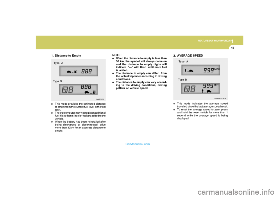 Hyundai Tiburon 2005 Workshop Manual 1
FEATURES OF YOUR HYUNDAI
43
1. Distance to Emptyo This mode provides the estimated distance
to empty from the current fuel level in the fuel
tank.
o The trip computer may not register additional
fue