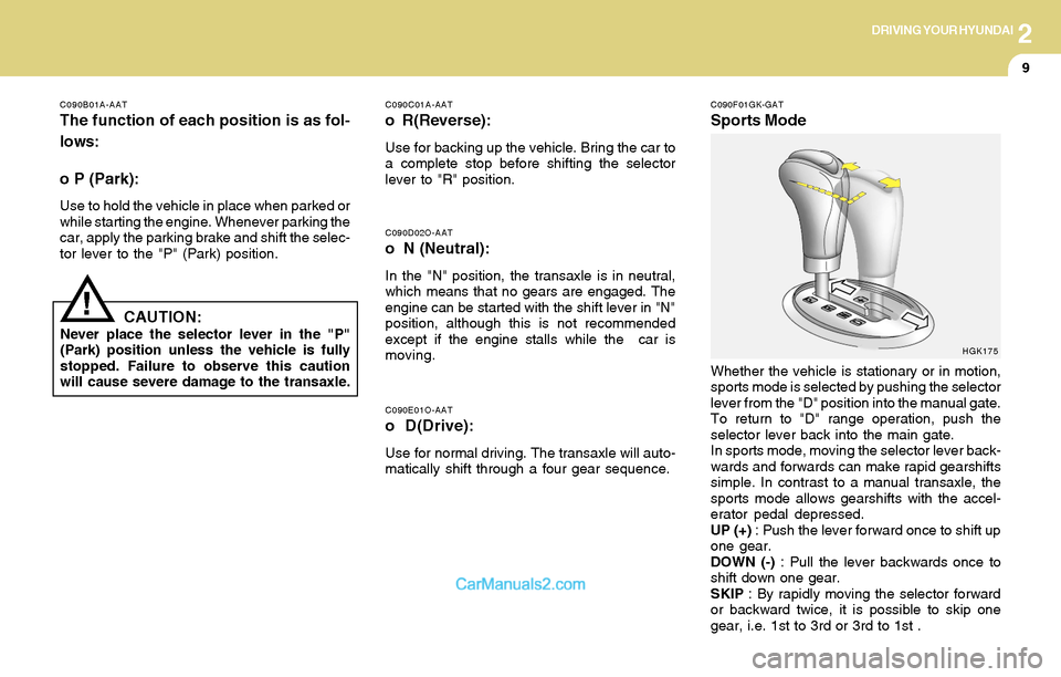 Hyundai Tiburon 2004 Owners Manual 2DRIVING YOUR HYUNDAI
9
!
C090E01O-AAT
o D(Drive):
Use for normal driving. The transaxle will auto-
matically shift through a four gear sequence.
C090F01GK-GAT
Sports Mode
C090D02O-AAT
o N (Neutral): Hyundai Tiburon 2004 Owners Manual 2DRIVING YOUR HYUNDAI
9
!
C090E01O-AAT
o D(Drive):
Use for normal driving. The transaxle will auto-
matically shift through a four gear sequence.
C090F01GK-GAT
Sports Mode
C090D02O-AAT
o N (Neutral):