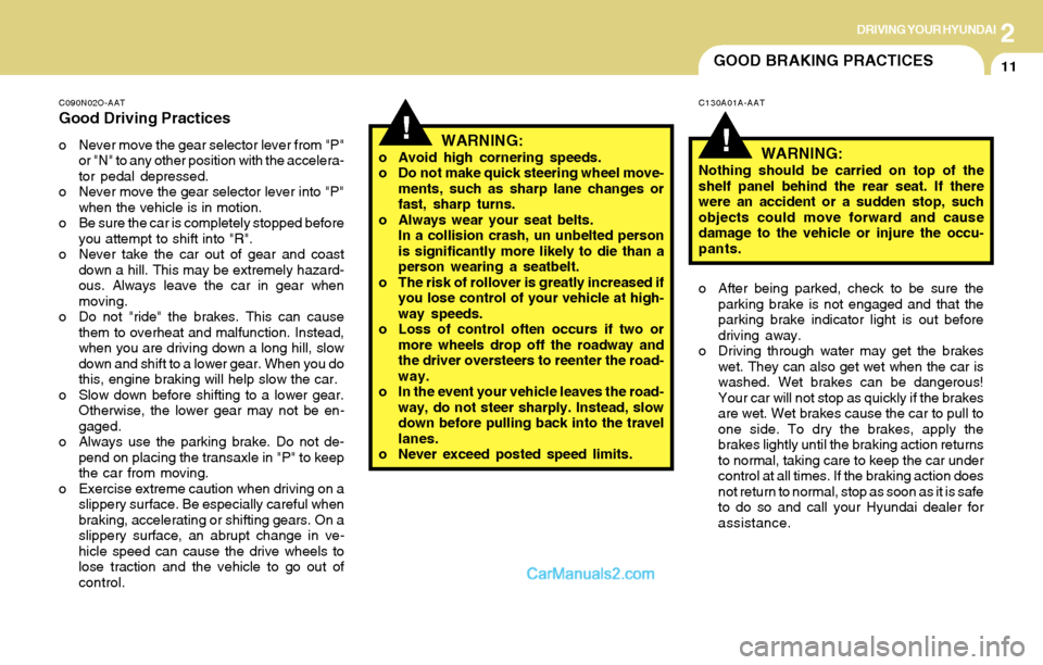 Hyundai Tiburon 2004 Owners Manual 2DRIVING YOUR HYUNDAI
11GOOD BRAKING PRACTICES
!!
C090N02O-AAT
Good Driving Practices
o Never move the gear selector lever from "P"
or "N" to any other position with the accelera-
tor pedal depressed. Hyundai Tiburon 2004 Owners Manual 2DRIVING YOUR HYUNDAI
11GOOD BRAKING PRACTICES
!!
C090N02O-AAT
Good Driving Practices
o Never move the gear selector lever from "P"
or "N" to any other position with the accelera-
tor pedal depressed.