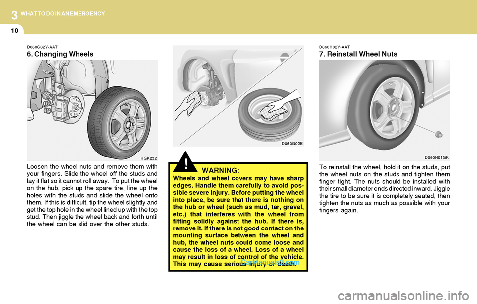 Hyundai Tiburon 2004 Owners Manual 3
10
WHAT TO DO IN AN EMERGENCY
!
D060G02Y-AAT
6. Changing Wheels
D060H02Y-AAT
7. Reinstall Wheel Nuts
Loosen the wheel nuts and remove them with
your fingers. Slide the wheel off the studs and
lay it Hyundai Tiburon 2004 Owners Manual 3
10
WHAT TO DO IN AN EMERGENCY
!
D060G02Y-AAT
6. Changing Wheels
D060H02Y-AAT
7. Reinstall Wheel Nuts
Loosen the wheel nuts and remove them with
your fingers. Slide the wheel off the studs and
lay it