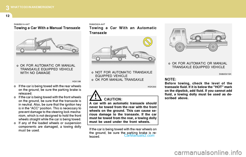 Hyundai Tiburon 2004 Owners Manual 3
12
WHAT TO DO IN AN EMERGENCY
NOTE:Before towing, check the level of the
transaxle fluid. If it is below the "HOT" mark
on the dipstick, add fluid. If you cannot add
fluid, a towing dolly must be us Hyundai Tiburon 2004 Owners Manual 3
12
WHAT TO DO IN AN EMERGENCY
NOTE:Before towing, check the level of the
transaxle fluid. If it is below the "HOT" mark
on the dipstick, add fluid. If you cannot add
fluid, a towing dolly must be us