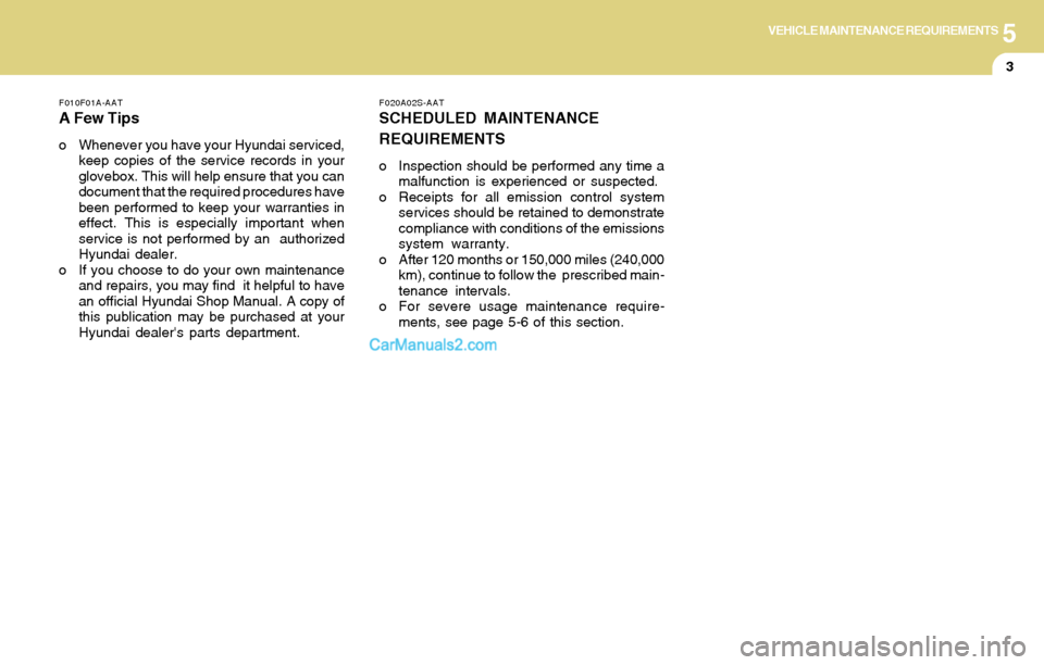 Hyundai Tiburon 2004 Owners Manual 5VEHICLE MAINTENANCE REQUIREMENTS
3
F020A02S-AAT
SCHEDULED MAINTENANCE
REQUIREMENTS
o Inspection should be performed any time a
malfunction is experienced or suspected.
o Receipts for all emission con Hyundai Tiburon 2004 Owners Manual 5VEHICLE MAINTENANCE REQUIREMENTS
3
F020A02S-AAT
SCHEDULED MAINTENANCE
REQUIREMENTS
o Inspection should be performed any time a
malfunction is experienced or suspected.
o Receipts for all emission con