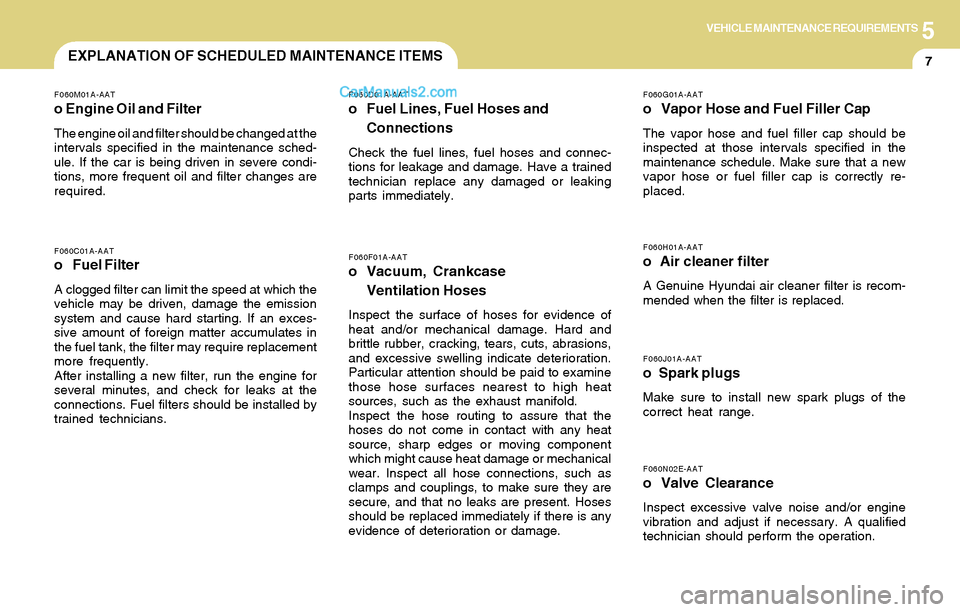 Hyundai Tiburon 2004 Owners Manual 5VEHICLE MAINTENANCE REQUIREMENTS
7
F060D01A-AAT
o Fuel Lines, Fuel Hoses and
Connections
Check the fuel lines, fuel hoses and connec-
tions for leakage and damage. Have a trained
technician replace a Hyundai Tiburon 2004 Owners Manual 5VEHICLE MAINTENANCE REQUIREMENTS
7
F060D01A-AAT
o Fuel Lines, Fuel Hoses and
Connections
Check the fuel lines, fuel hoses and connec-
tions for leakage and damage. Have a trained
technician replace a