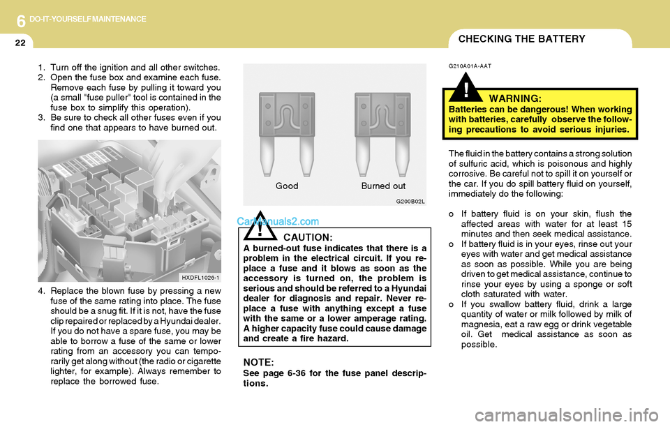 Hyundai Tiburon 2004  Owners Manual 6DO-IT-YOURSELF MAINTENANCE
22CHECKING THE BATTERY
!CAUTION:A burned-out fuse indicates that there is a
problem in the electrical circuit. If you re-
place a fuse and it blows as soon as the
accessory