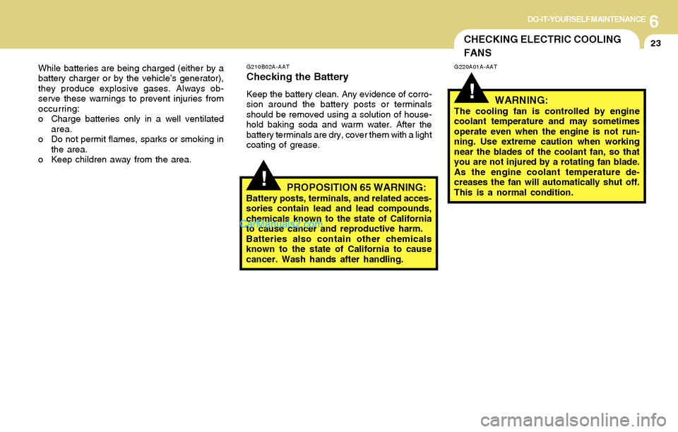 Hyundai Tiburon 2004  Owners Manual 6DO-IT-YOURSELF MAINTENANCE
23
While batteries are being charged (either by a
battery charger or by the vehicle’s generator),
they produce explosive gases. Always ob-
serve these warnings to prevent