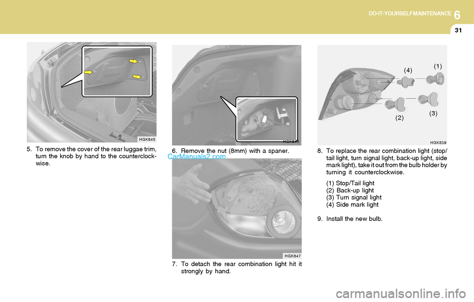 Hyundai Tiburon 2004  Owners Manual 6DO-IT-YOURSELF MAINTENANCE
31
HGK839
(1)
(2)(3) (4)
8. To replace the rear combination light (stop/
tail light, turn signal light, back-up light, side
mark light), take it out from the bulb holder by