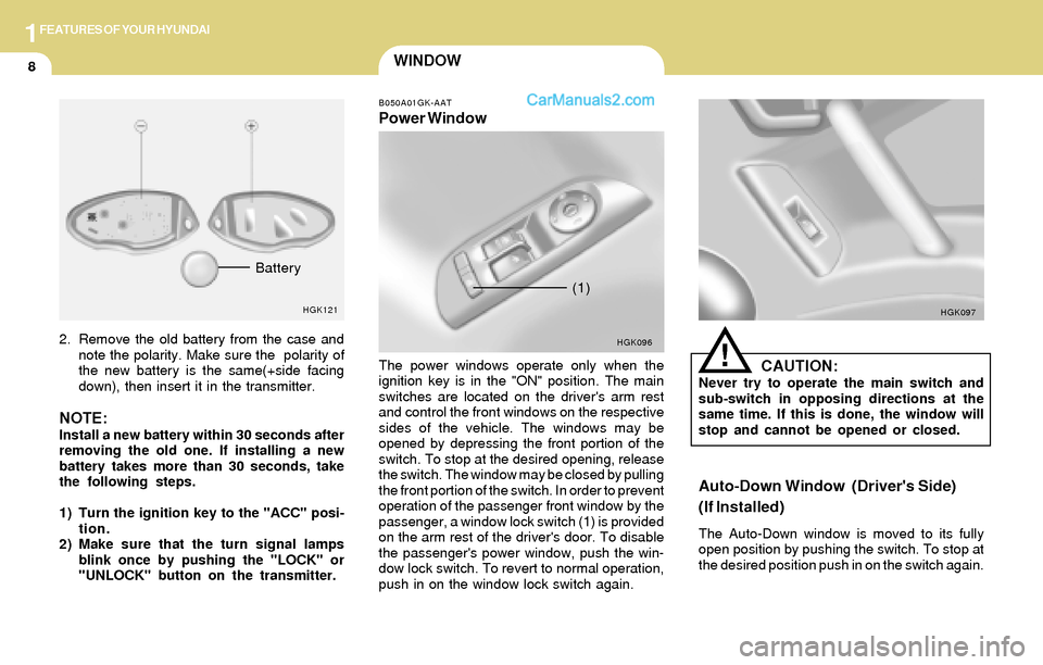 Hyundai Tiburon 2004 Owners Guide 1FEATURES OF YOUR HYUNDAI
8WINDOW
B050A01GK-AAT
Power Window
The power windows operate only when the
ignition key is in the "ON" position. The main
switches are located on the drivers arm rest
and co Hyundai Tiburon 2004 Owners Guide 1FEATURES OF YOUR HYUNDAI
8WINDOW
B050A01GK-AAT
Power Window
The power windows operate only when the
ignition key is in the "ON" position. The main
switches are located on the drivers arm rest
and co