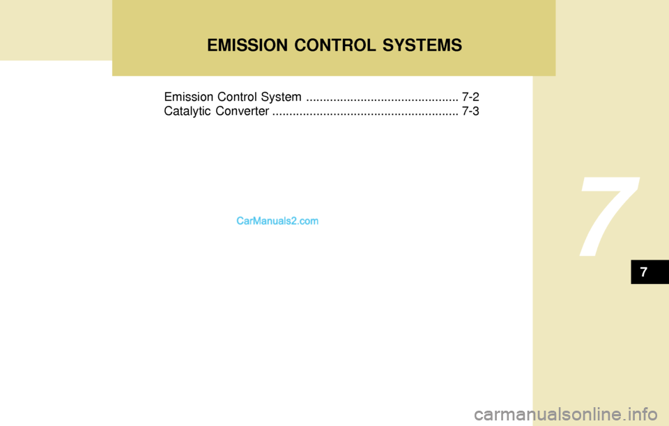 Hyundai Tiburon 2004 Owners Manual EMISSION CONTROL SYSTEMS
7
Emission Control System ............................................. 7-2
Catalytic Converter ....................................................... 7-3
7 Hyundai Tiburon 2004 Owners Manual EMISSION CONTROL SYSTEMS
7
Emission Control System ............................................. 7-2
Catalytic Converter ....................................................... 7-3
7