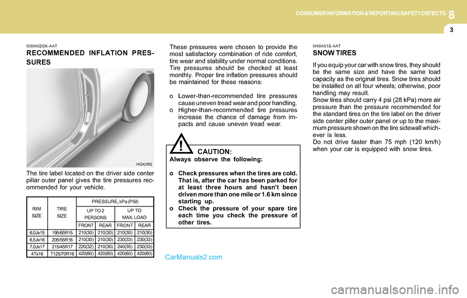 Hyundai Tiburon 2004 Owners Manual 8CONSUMER INFORMATION & REPORTING SAFETY DEFECTS
3
!
I040A01S-AAT
SNOW TIRES
If you equip your car with snow tires, they should
be the same size and have the same load
capacity as the original tires. Hyundai Tiburon 2004 Owners Manual 8CONSUMER INFORMATION & REPORTING SAFETY DEFECTS
3
!
I040A01S-AAT
SNOW TIRES
If you equip your car with snow tires, they should
be the same size and have the same load
capacity as the original tires.