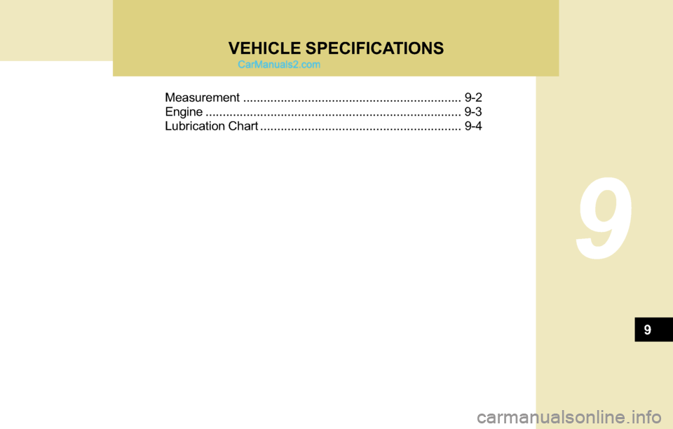 Hyundai Tiburon 2004 Owners Manual VEHICLE SPECIFICATIONS
9
Measurement................................................................ 9-2
Engine........................................................................... 9-3
Lubricati Hyundai Tiburon 2004 Owners Manual VEHICLE SPECIFICATIONS
9
Measurement................................................................ 9-2
Engine........................................................................... 9-3
Lubricati