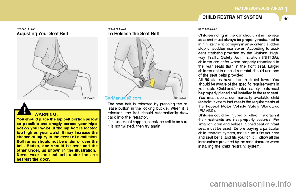 Hyundai Tiburon 2004 Owners Guide 1FEATURES OF YOUR HYUNDAI
19CHILD RESTRAINT SYSTEM
!
B200A01A-AAT
Adjusting Your Seat Belt
WARNING:
You should place the lap belt portion as low
as possible and snugly across your hips,
not on your wa Hyundai Tiburon 2004 Owners Guide 1FEATURES OF YOUR HYUNDAI
19CHILD RESTRAINT SYSTEM
!
B200A01A-AAT
Adjusting Your Seat Belt
WARNING:
You should place the lap belt portion as low
as possible and snugly across your hips,
not on your wa